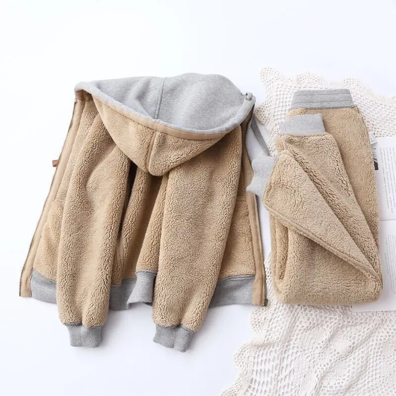 Winter Style Plush Thickened Casual Tracksuit Two Piece Sets For Women Long Sleeved Hooded Jacket Matching Sweatpant Suit