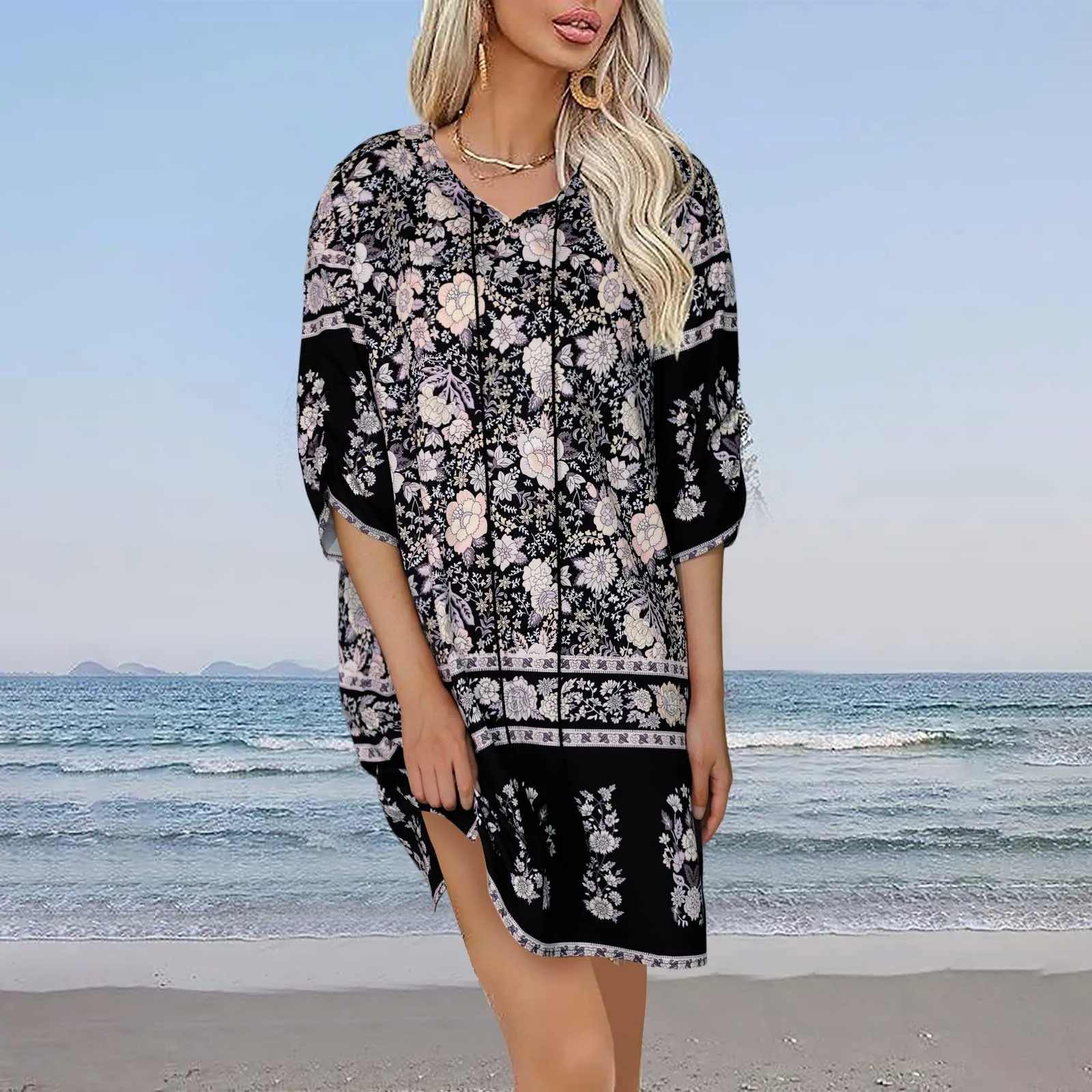 

Women's Casual Beach Summer Dress Fringe Round Neck Seven Point Sleeve Print Casual Maxi Dresses