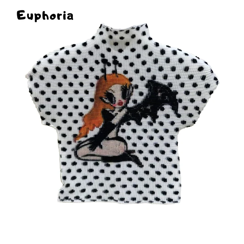 Euphoria, camisetas informales de moda ajustadas de punto para mujer, camisetas Shoujo Y2K, camisetas sexis de manga corta con estampado de lunares y cuello alto para chica