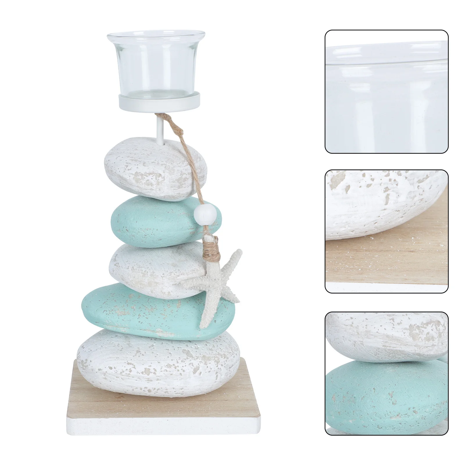 

1Pcs Mediterranean Stone Candlestick Decor Blue White Wooden Glass Creative Home Desktop Candleholder Delicate Tabletop