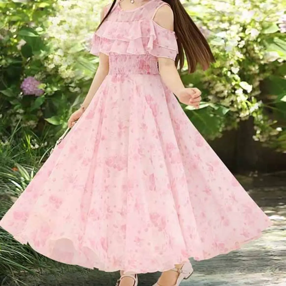 

Elegant Loose Girls Chiffon Floral Dress Teenagers Pleated Summer Dresses Beach Vacation Party Children Princess Dress Students