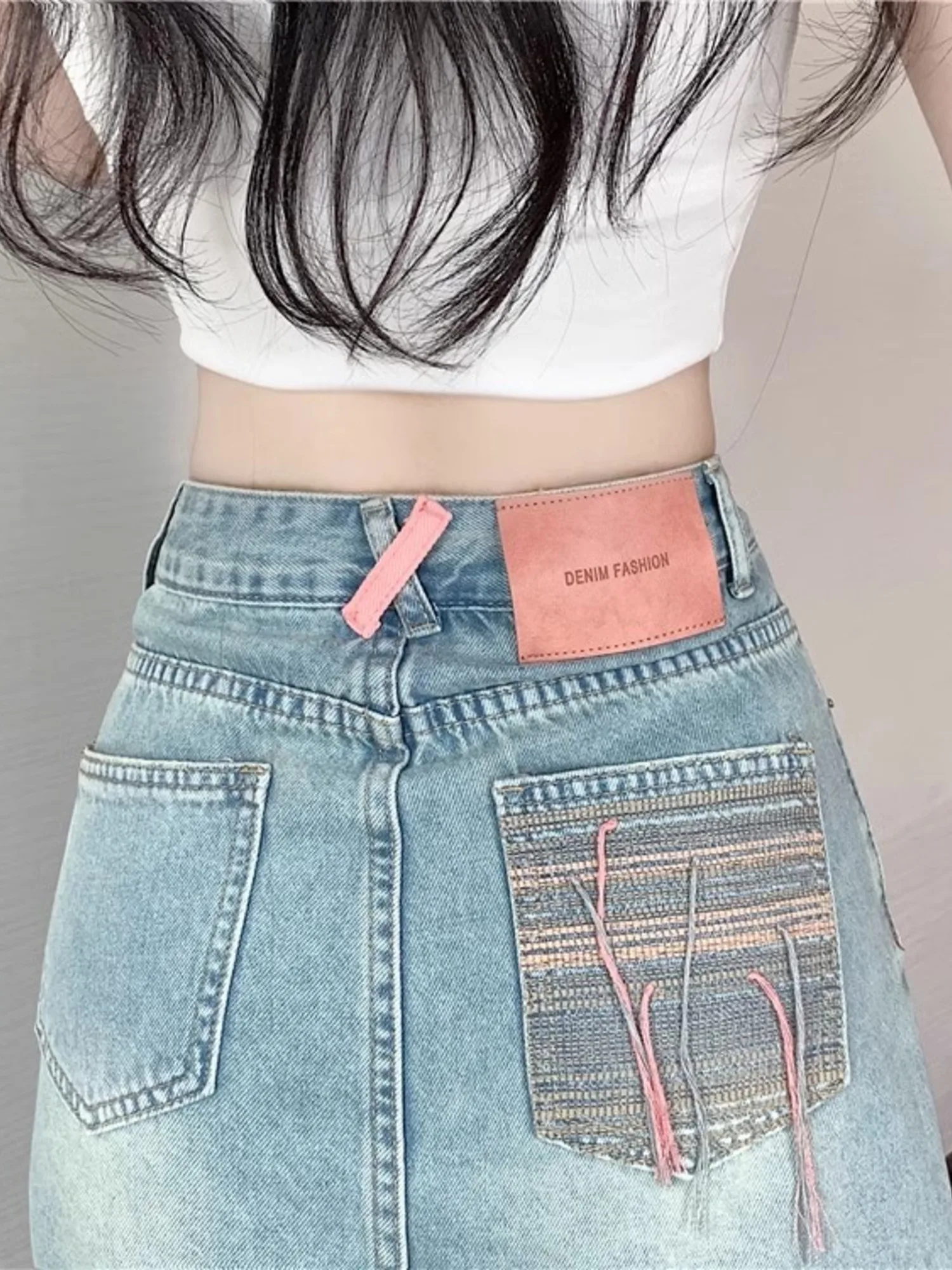 Women's Vintage Washed Denim Skort High Waist Contrast Pocket Skirt with Built-in Shorts Pink Webbing Detail Light Blue XS-3XL view 6