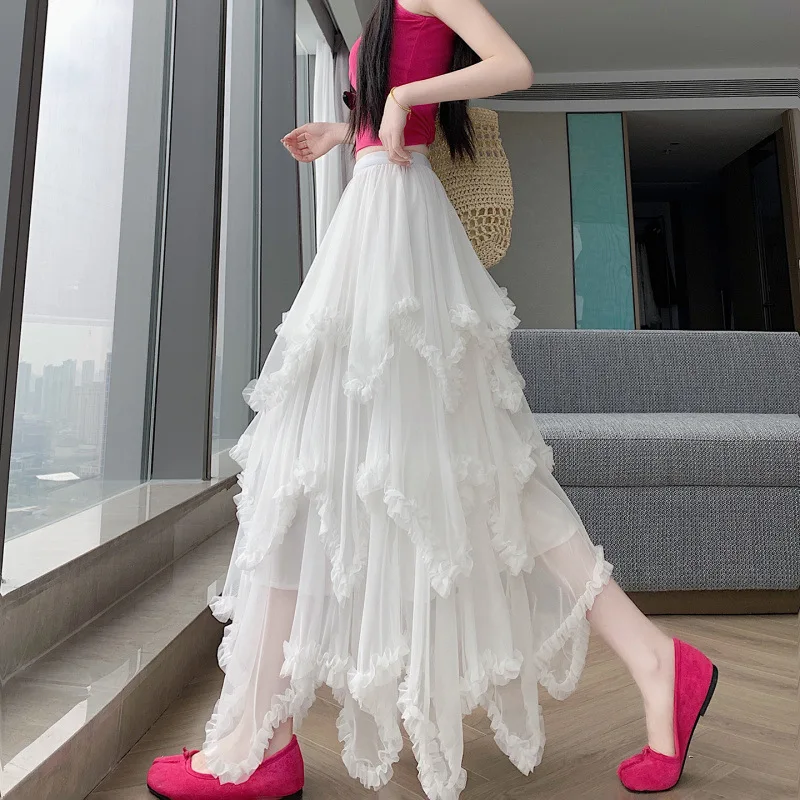 2026 New Women's Cream Irregular Ruffle Tulle Maxi Skirt Elastic High Waist Tiered Mesh Sweet Flowy Asymmetrical Hem Long Skirts