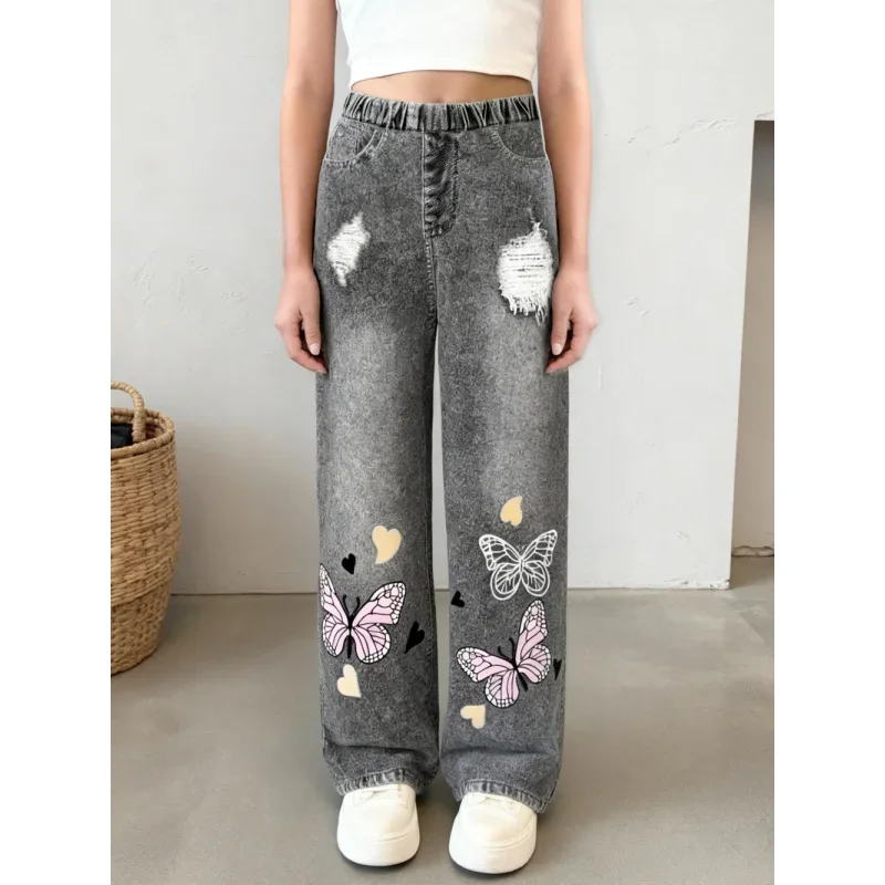 

2025 Children and Girls Hole Elastic Waist Wide Legs, Slim Versatile Butterfly Print Straight Imitation Denim Trousers
