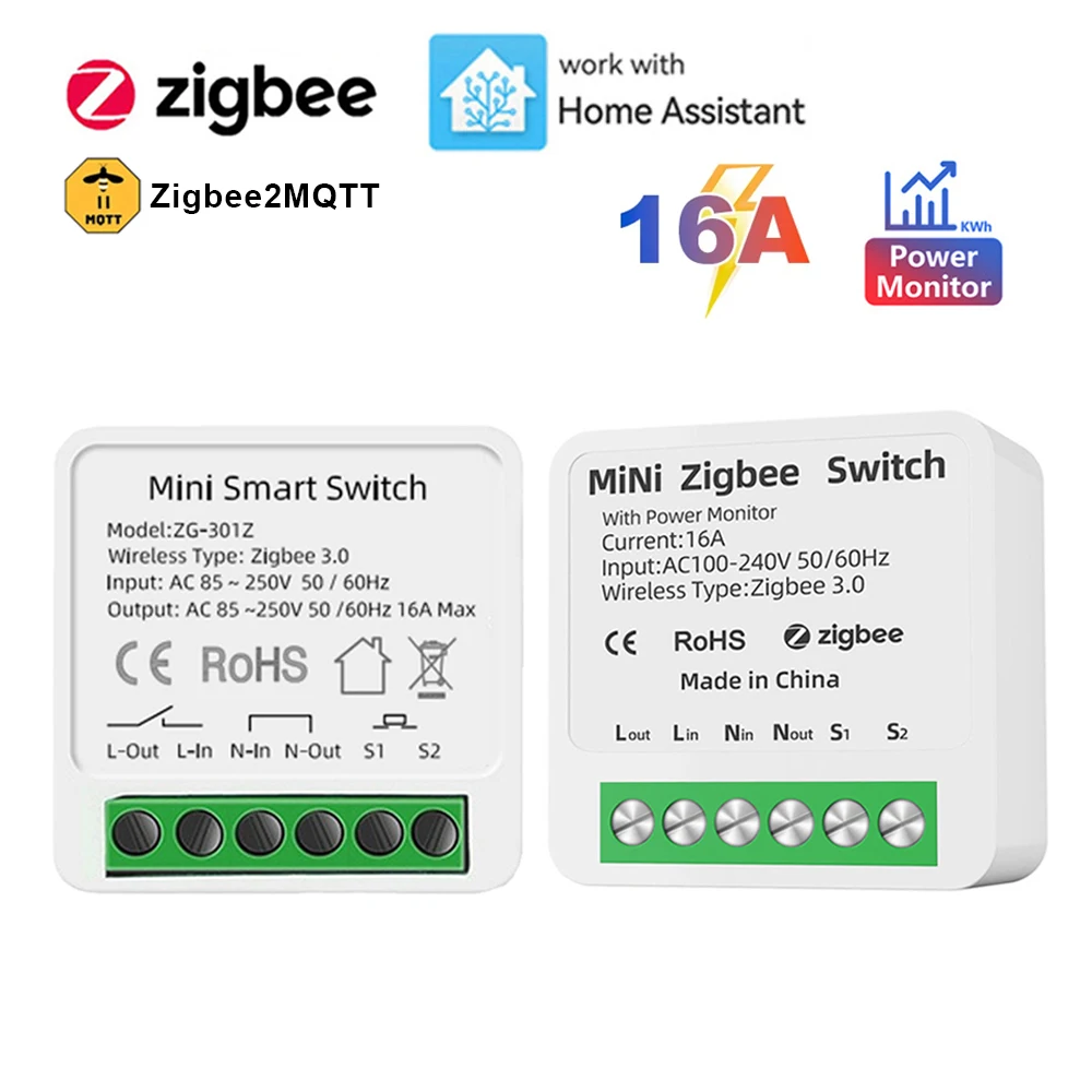 Home Assistant ZigBee 3.0 Smart Light Switch Module No/With Power Monitor 2 Way Control DIY Breaker Switch Work with Zigbee2MQTT