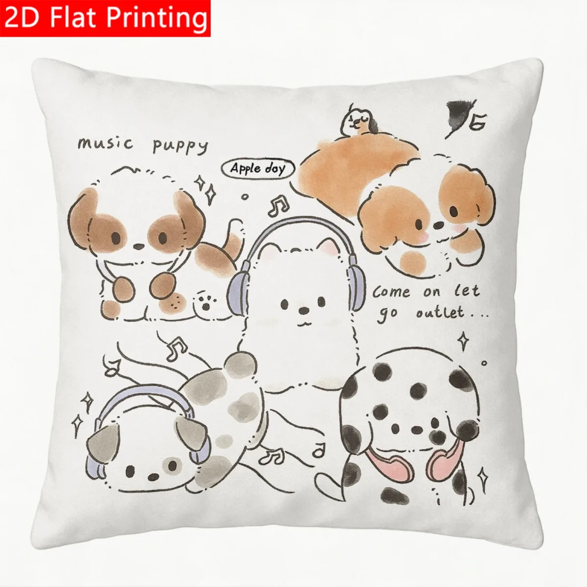 1pc Retro Musical Puppy Throw Pillow Cover - Soft Smooth Polyester Cushion Cover with Cute Puppies Doodle Print, Suitable for Bed, Sofa, Decor, Machine Washable Gift for Room, or Father's Day Present (No Insert Included), 2D Flat