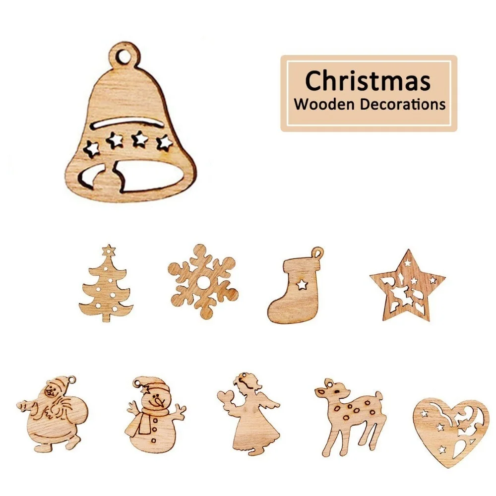50Pcs Christmas Wooden Chip Santa Claus Snowflake DIY Crafts Xmas Tree Hanging Ornament Pendant Navidad Home Decorations