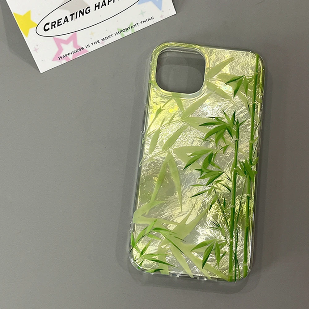 IND New Chinese Style Green Bamboo Phone Case For iPhone 16 15 14 13 12 11 Mini Pro Max X XR XSMax 8 Plus Glacier Pattern Cover
