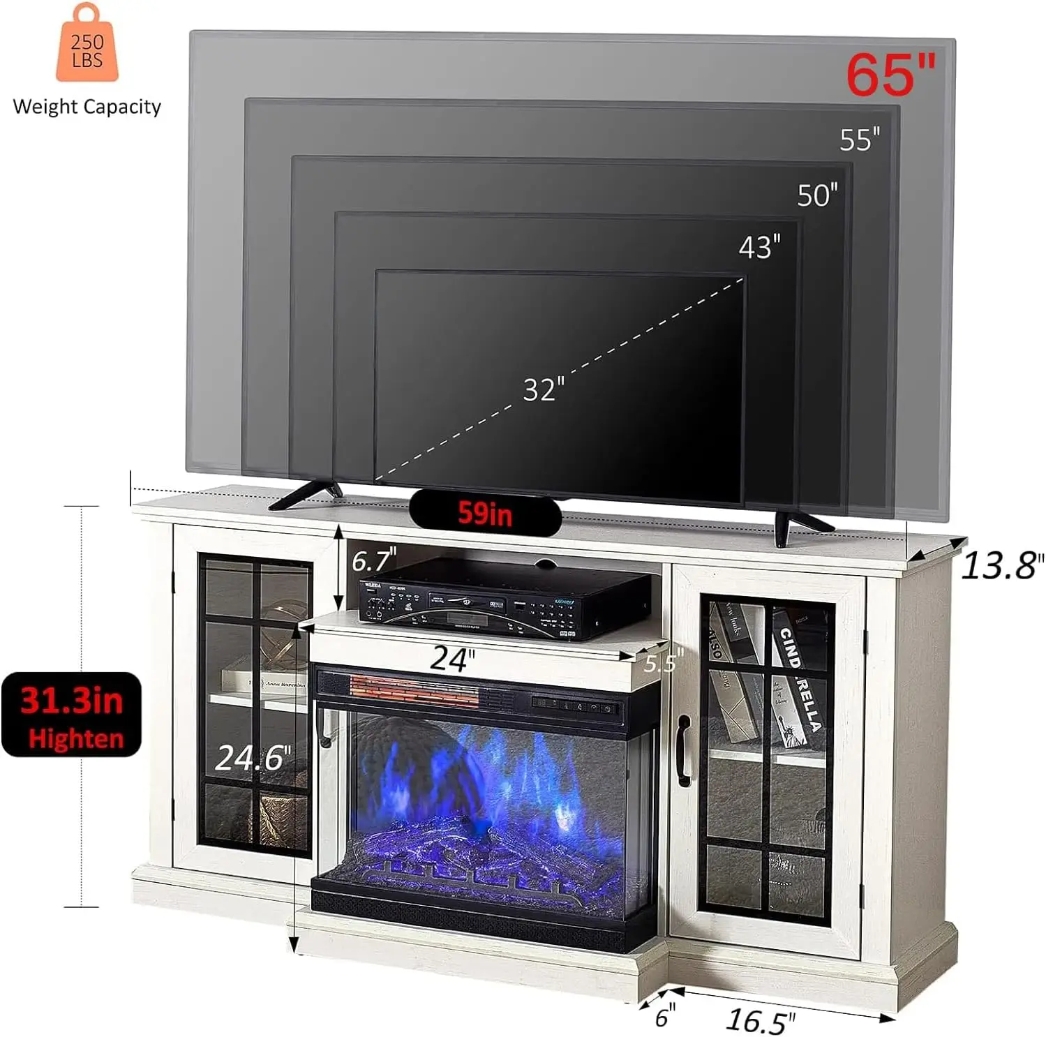 Soporte para TV con chimenea de vidrio de 3 caras para televisores de hasta 65 pulgadas con 12 colores, mesa consola central con puertas de almacenamiento, blanco envejecido