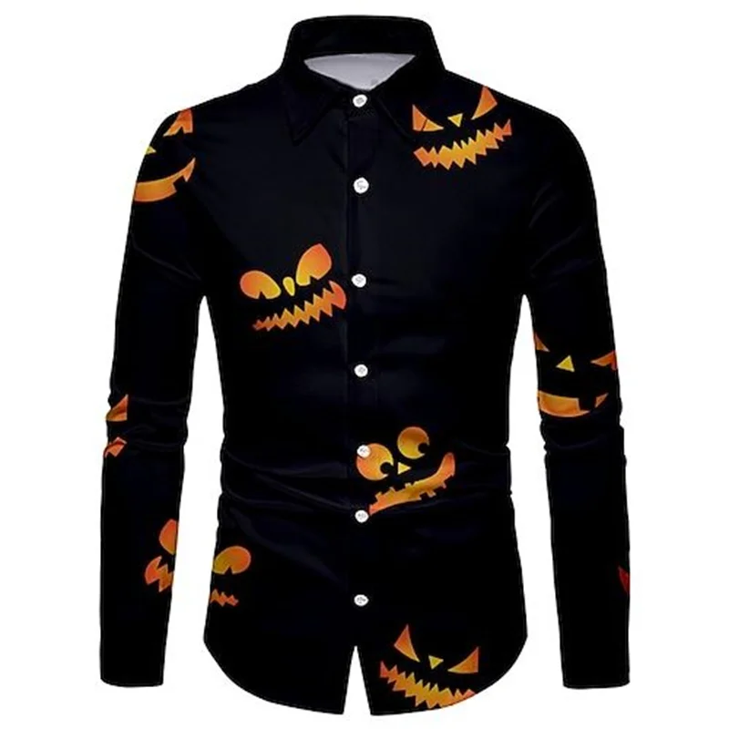 Halloween Long Sleeve Shirts Men's Pumpkin Head Printed Shirt Trend Party Clothing 2023 New Men's Street Leisure Long Sleeve Top