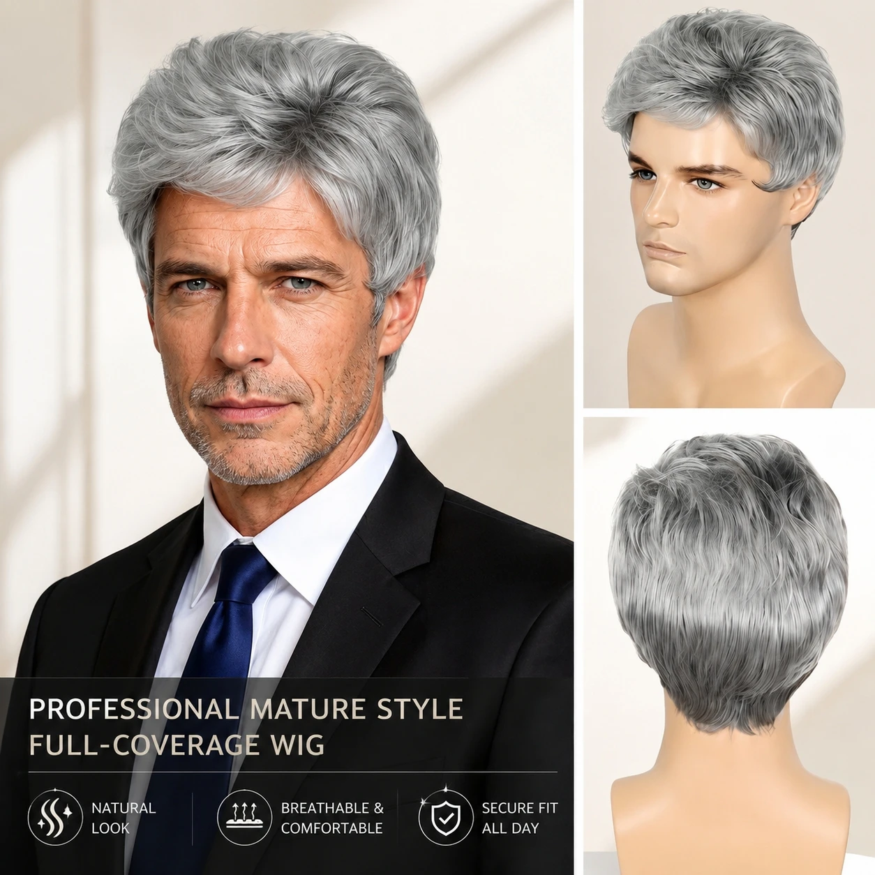 8 Inch Layered Short Straight Silver Gray Men's Wig, Breathable Natural Looking Full Cap Wig  For Daily Wear