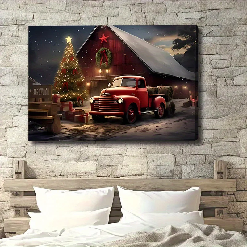 Framed Classic Red Truck Canvas Painting Rustic Landscape Christmas Tree Canvas Wall Art Bedroom Living Room Home Decor Gift