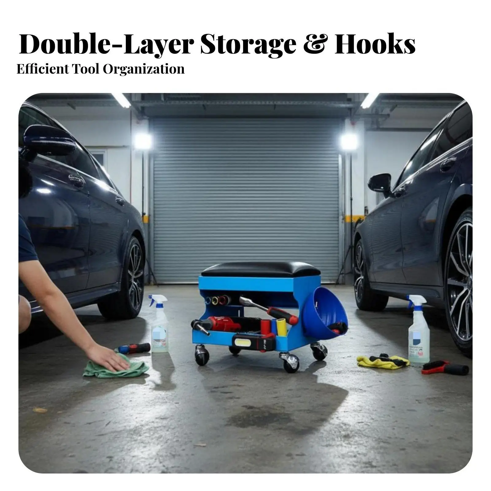 Practical Mechanic Work Stool with Side Storage Compartments and Firm Cushion for Long Hours of Auto Work