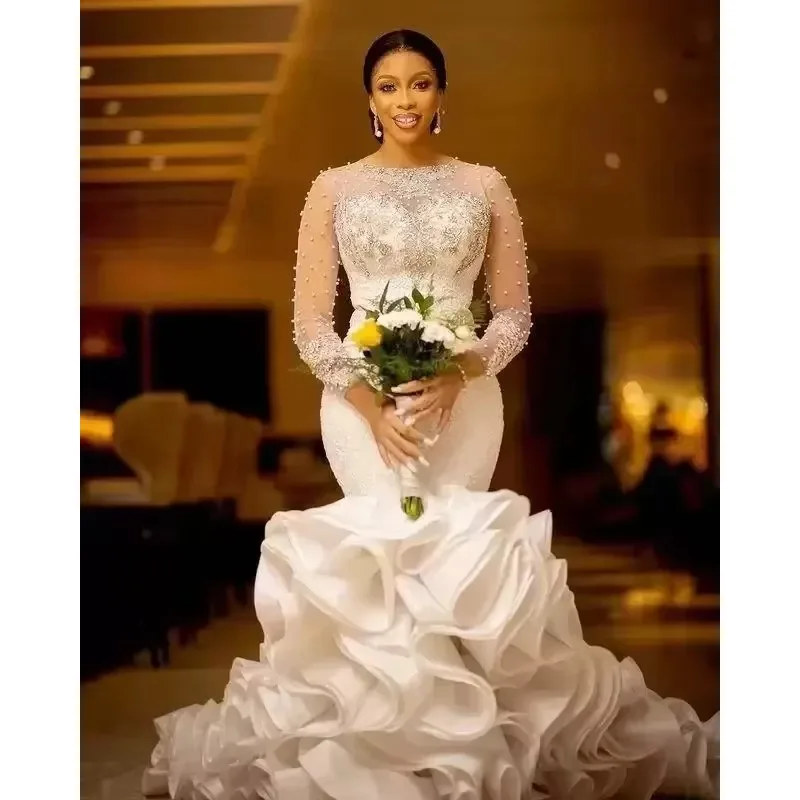 تخصيص حورية البحر الكشكشة فساتين الزفاف ثوب العروس 3/4 الأكمام الطويلة الدانتيل زين مطرز المتدرج تنورة الأورجانزا مخصص Af