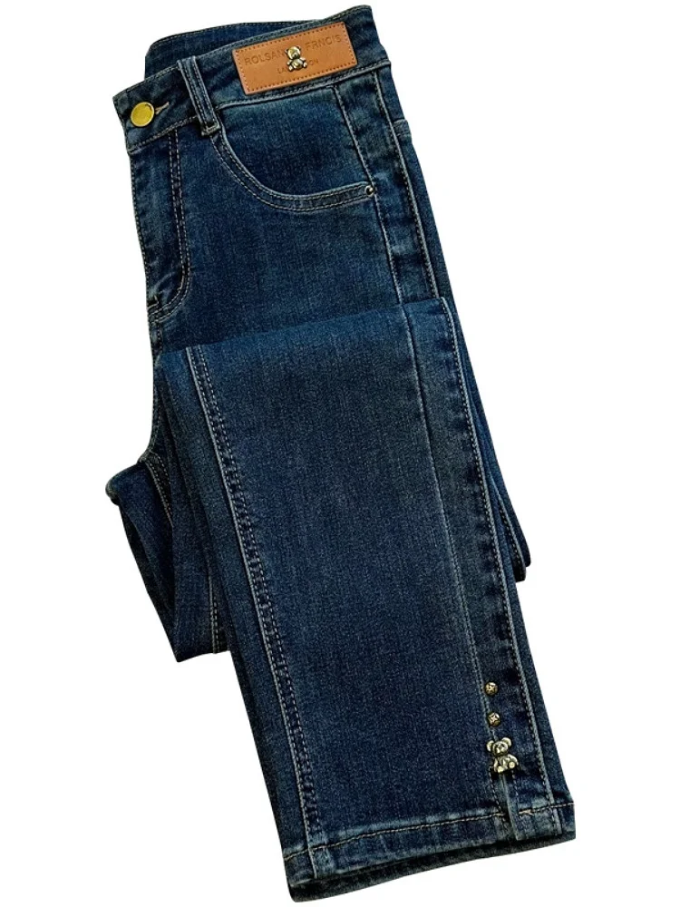 Verão feminino perna reta jeans cintura alta nove pontos calças de algodão poliéster viscose mistura retro na moda novo 2024