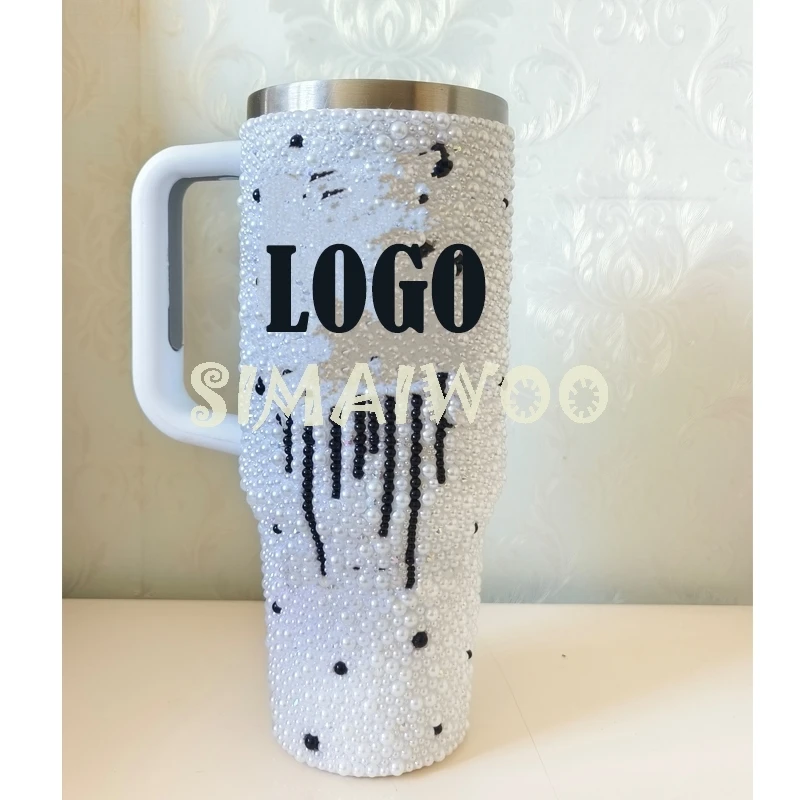 Logo Custmizable Tumbler DIY Rhinestone Ice Drink Bottle Double Layer Vacuum Thermal Insulation Handle Cup Pearl Bead Bling Gift