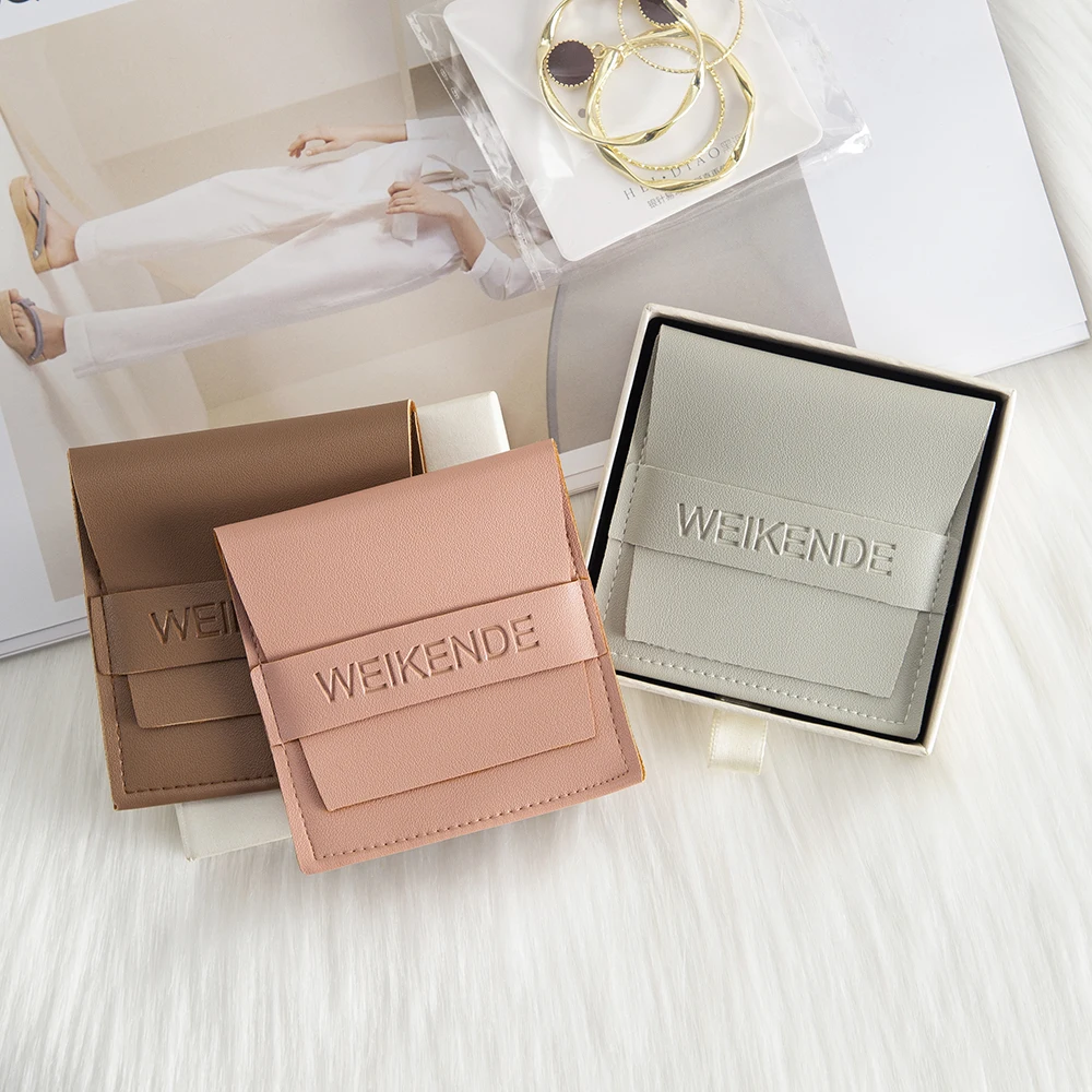 

50pcs Personalized PU Leather Flip Strip Bags Custom Logo 9x9cm Jewelry Package Pouch Cosmetics Earrings Rings Travel Organizer