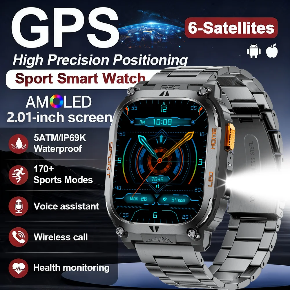 

New from DAORKOW 2025 GPS Smart Watch Military Compass Flashlight Smartwatch Men 3ATM Waterproof 100+Sport Modes BT Call Watch