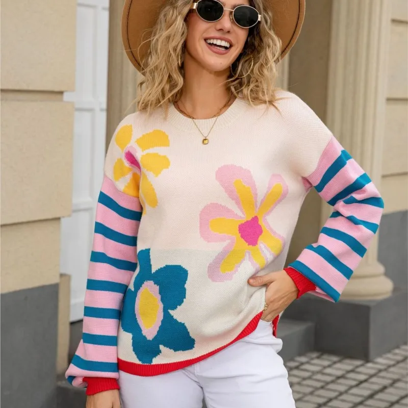 Winter Dagelijks woon-werkverkeer Gebreide damestrui Modieus bloemenpatroon Ronde hals Lange mouw Losse trui Casual schattige top