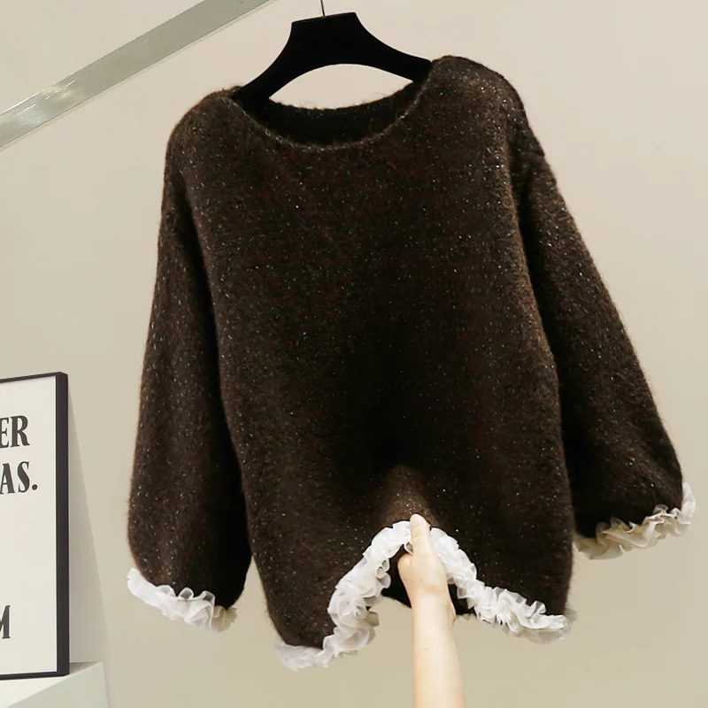 

Korean Sle Heavyweight Long Sve Knitted Sweater Faionable Ruffle Design Loose Fit Autumn Winter Warm round Ne Top