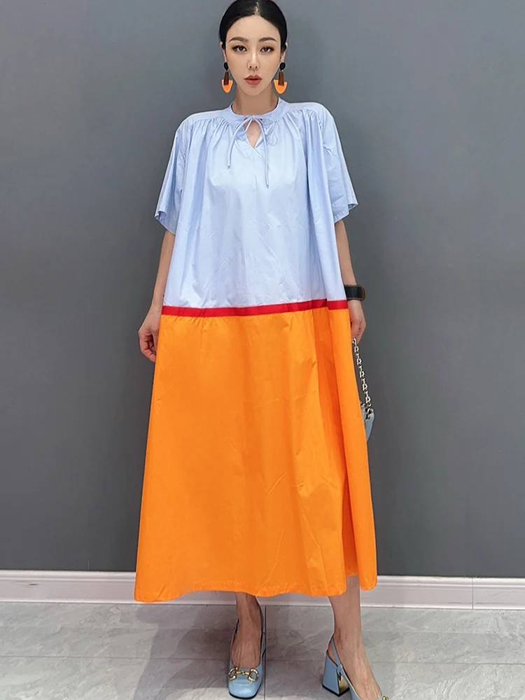 SHENGPALAE 2024 Summer New Women's Dress Splicing Short Sleeve Casual Fashion Loose Elegant Versatile Robe Y2k Clothes 5R9925