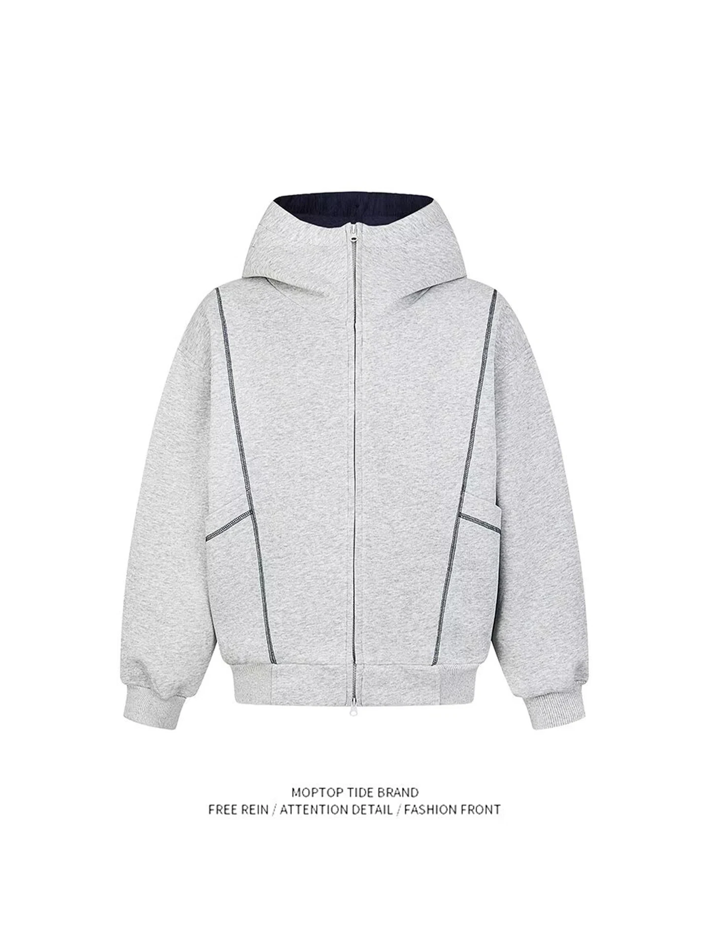 

Mr. WH American Sle Heavyweight Hooded Zipper Cardigan Jaet Air Layered Outline Sweatirt Loose Fit Polyester Spring Autumn