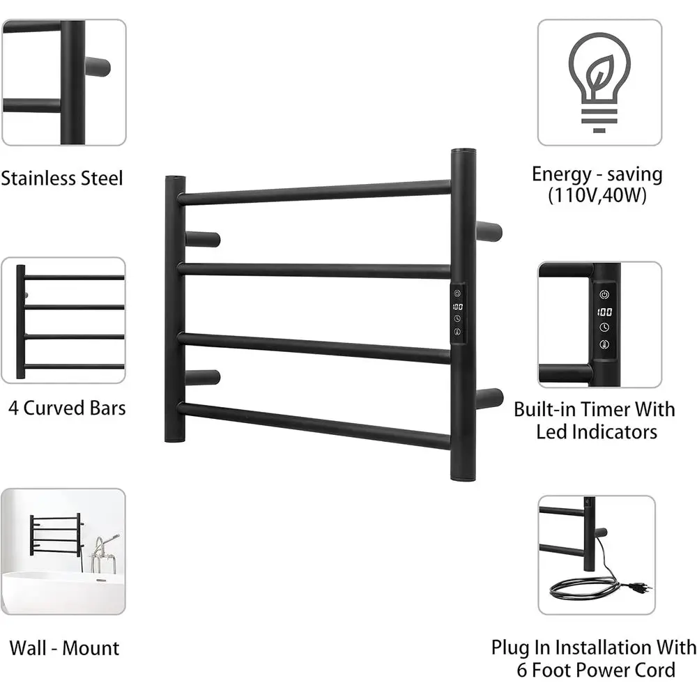 KEG 스마트 와이파이 타월 워머 벽걸이형 내장 타이머 및 온도 조절 기능, 4바 전기 스테인리스 스틸 히터