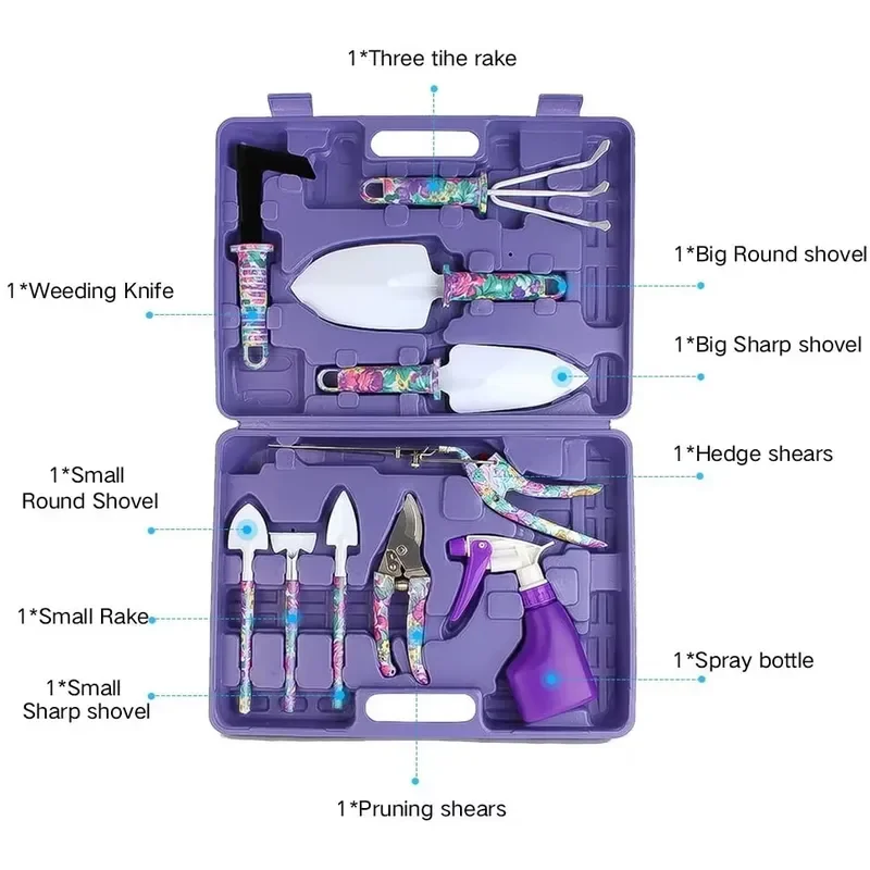 Gardening Tools Set with Purple Floral Print for Handle Trowel Rake Weeder Pruner Shears Sprayer Garden Hand Tool