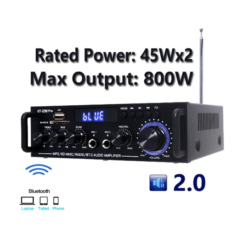 Amplifier Bt 298 Pro Home Theater Amplifier Karaoke Dual Channel Stereo Bluetooth 5.0 Maximum 800W New Upgrade US Plug Durable