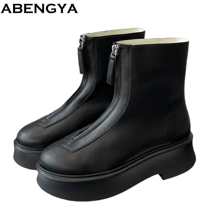 Hot Sales Thick Sole Short Boots Woman Flat Platform Shoes Woman Front Zipper Genuine Leather Motorcycle Boots Women Botas Mujer