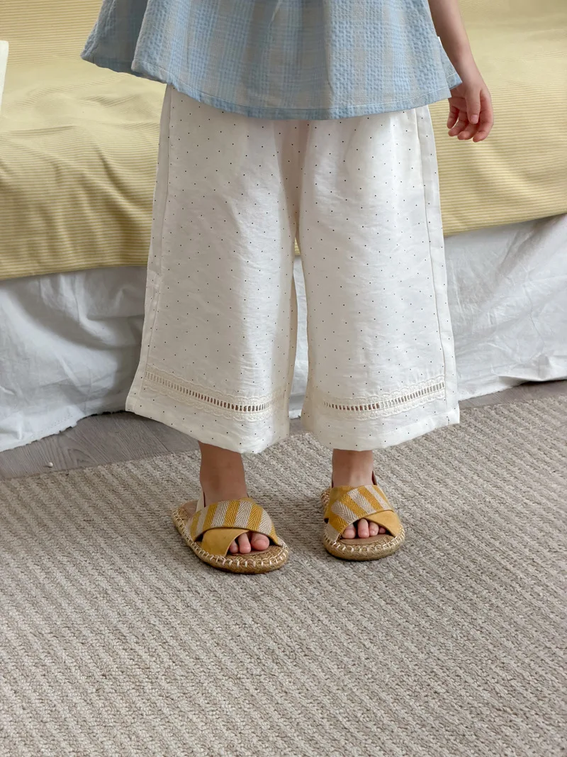 2026 Summer New Girls Cute Polka Dot Splicing Lace Wide Leg Pants Toddler Cotton Trousers Children Casual Pants Kids Clothes