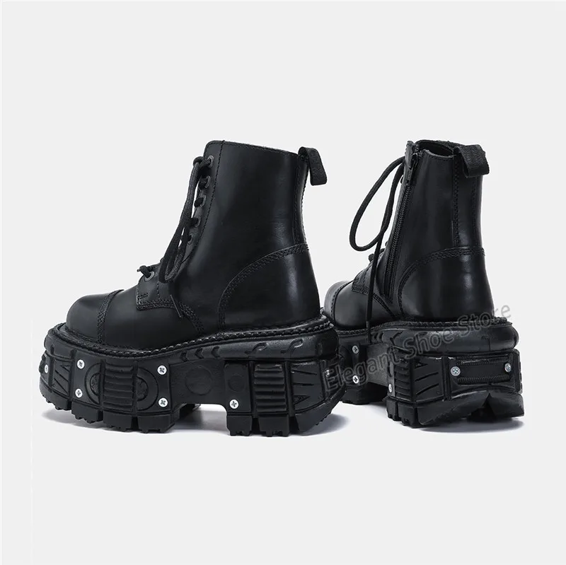 Stivali da moto con suola spessa da donna stivali corti con lacci neri con plateau e punta tonda autunno inverno nuove scarpe da uomo all'aperto in stile Punk