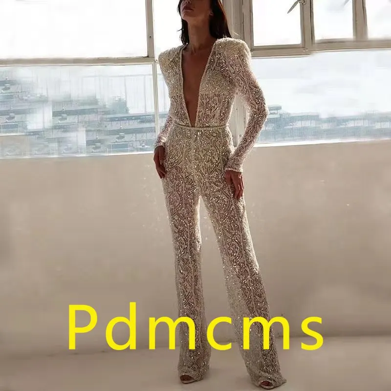 2025 new spring and summer fashion women's clothing V-neck sexy gold long-sleeved trousers sexy jumpsuit