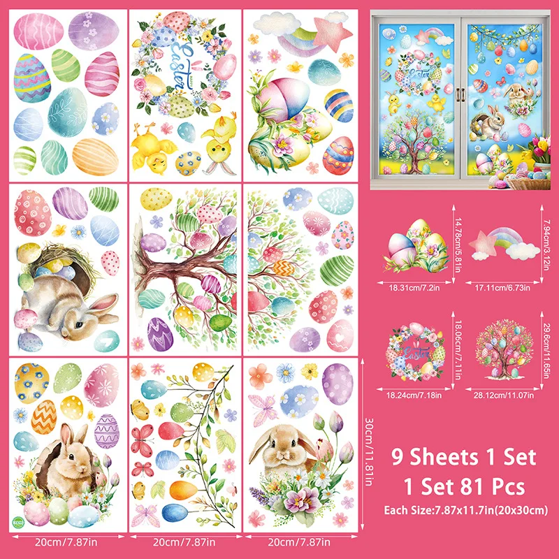 Adesivos de janela de páscoa adesivo de parede de páscoa crianças quarto decalques de parede bonito coelho ovos cenoura decorações para festa de primavera adesivos