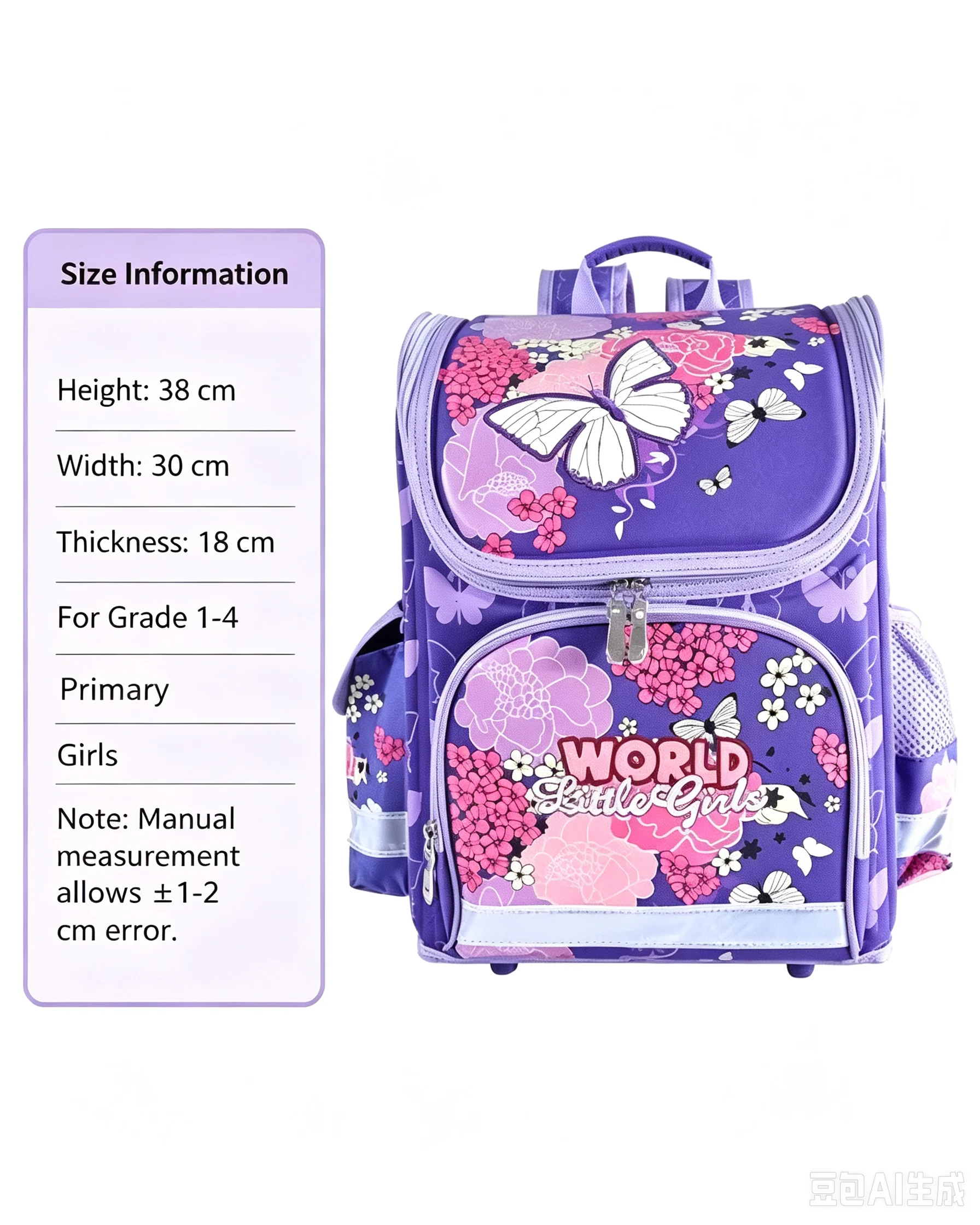 Girls Orthopedic School Backpack Purple Butterfly Floral Print Large Capacity Primary School Bag Lightweight Spine‑Protect Kids