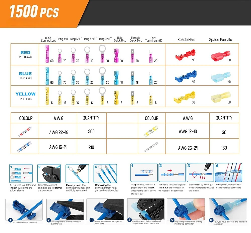 1500PCS boxed, heat shrinkable spring insert circular terminal/solder ring/T-shaped free wire