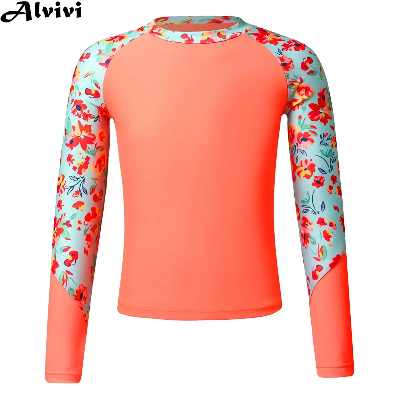 

6-16Y Girl Swim Top Swimsuit Long Sleeve Print Sun Protection Rash Guard Bathing Suit Beach Sunbathing Pool Water Sport Swimwear