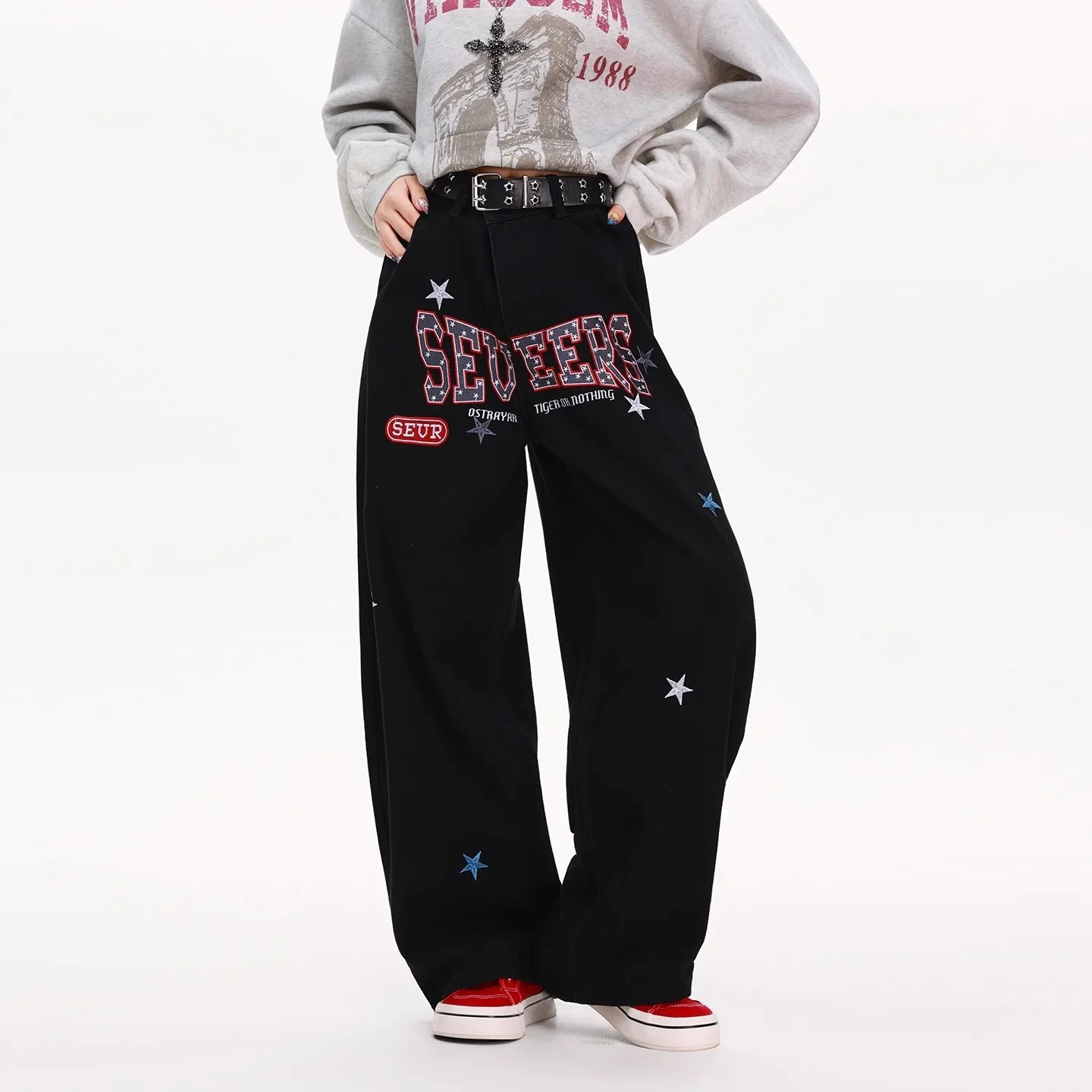 

Womens Pants Women Pants Y2k Jeans Baggy Jeans Y2k Wide Pants Stretch Jeans Retro Star Embroidery Loose Straight Leg Trousers