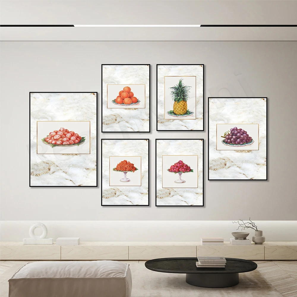 Fruit poster, grapes, bananas, cherries, pineapples, strawberries, melons, raspberries, tropical fruits aesthetic kitchen decor