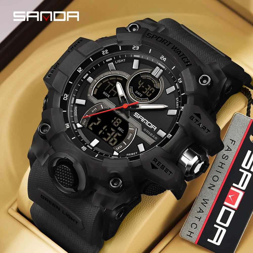 

SANDA 6198 dual screen outdoor sports large dial waterproof quartz watch multifunctional LED electronic digital men's watch