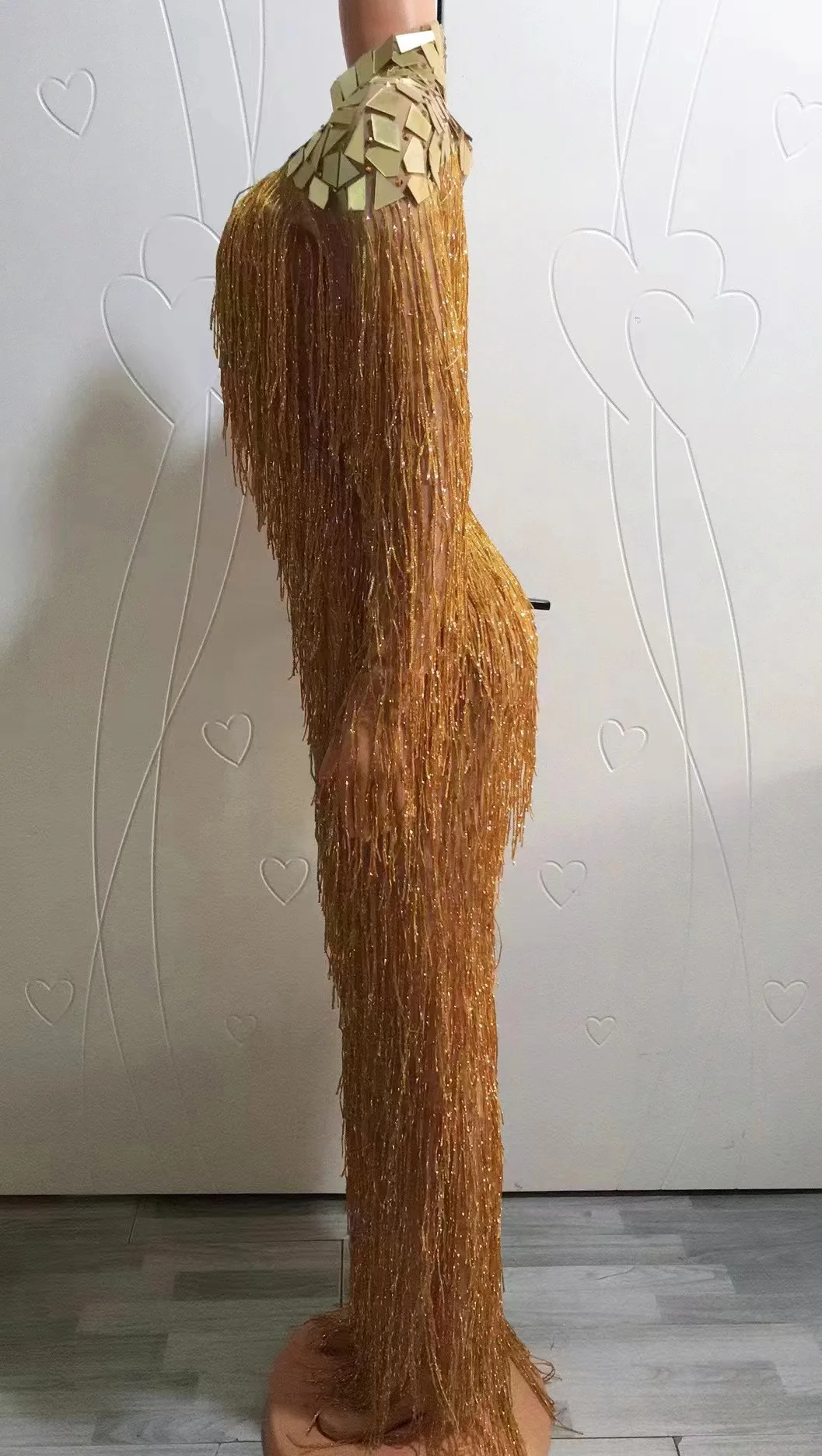 فستان طويل شفاف مع هامش ، الزي مرحلة مثير ، مرآة فضية ، أبيض وذهبي كامل ، مساء راقصة زي ، احتفال عيد ميلاد