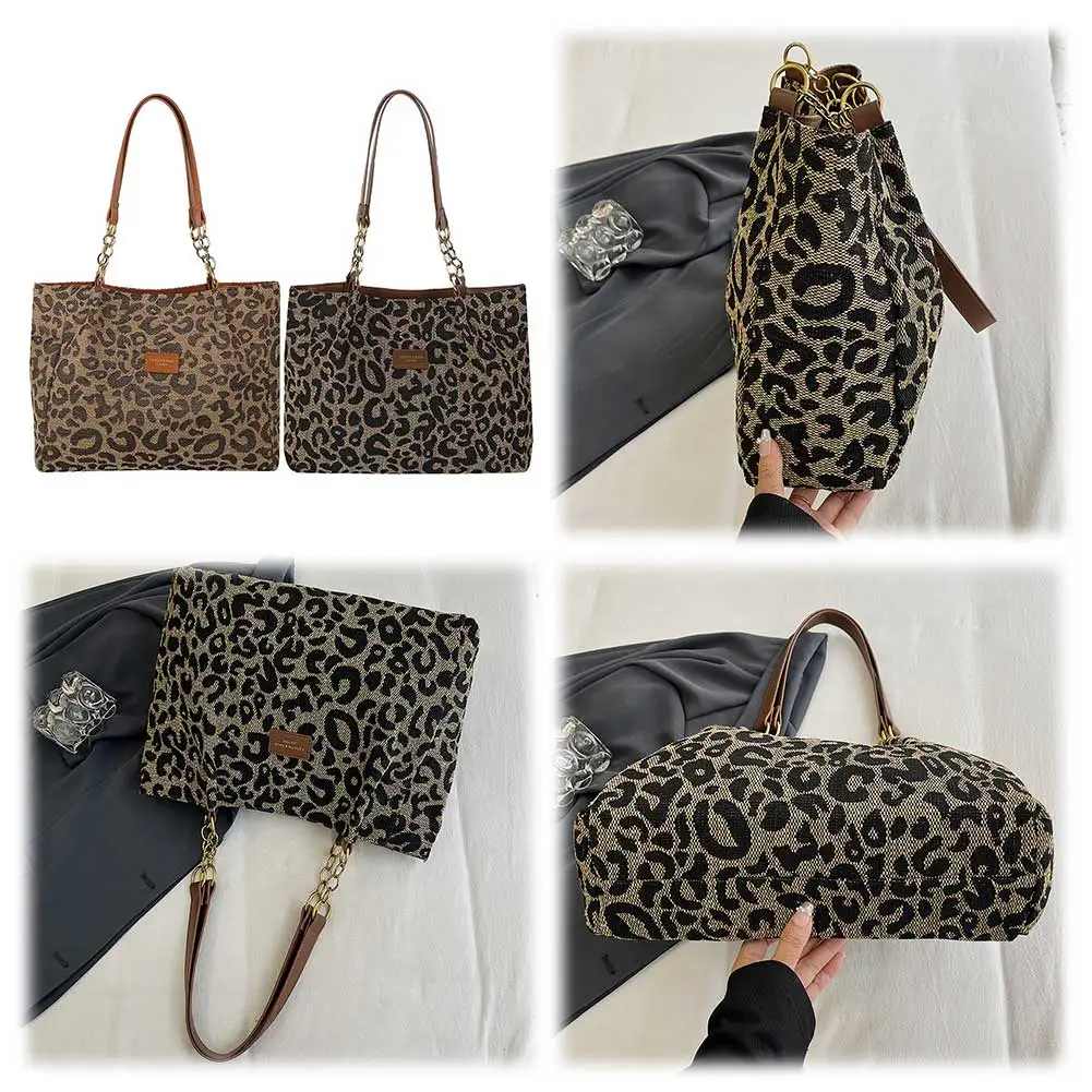 Women Leopard Print Casual Tote Handbag Large Capacity Stylish Shoulder Purse Zipper Closure Simple Commuting Bag Chic Hobo Bag