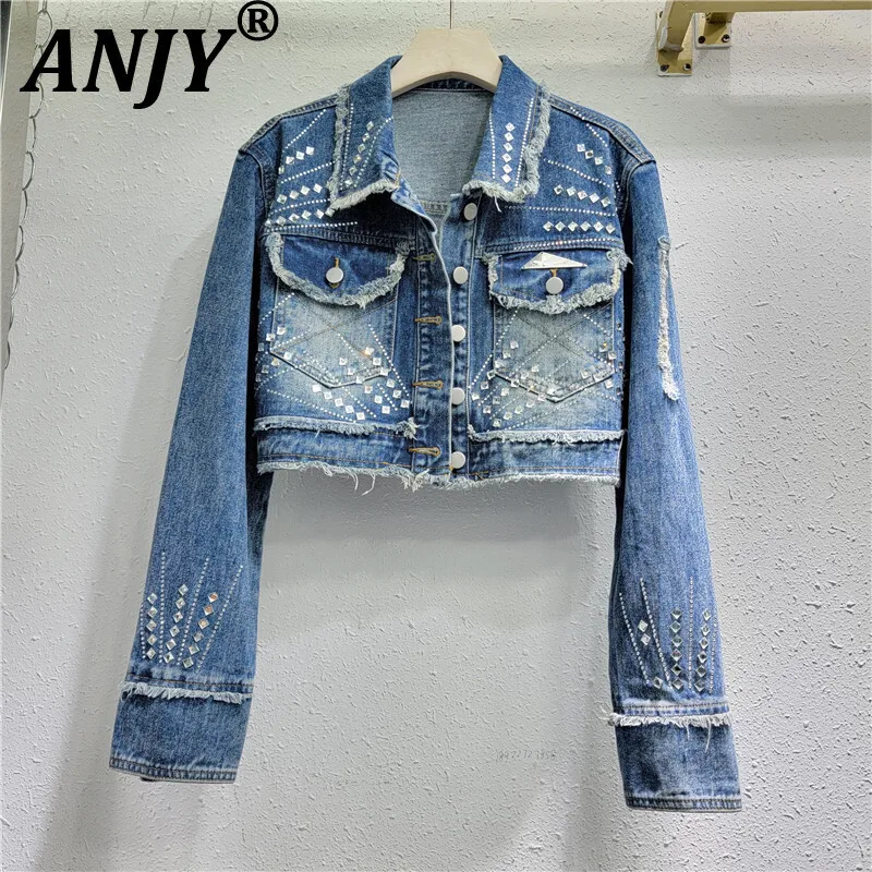 

ANJY Осенняя новинка для женщин High Street Y2K Шикарная винтажная джинсовая короткая куртка с потертыми бриллиантами Tide Однобортное пальто A8138