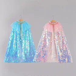 Girls Little Mermaid Cloak Children Purim Colorful Sequined Capes Princess Cloak Kids Shiny Bright Party Costume Girl Dress up