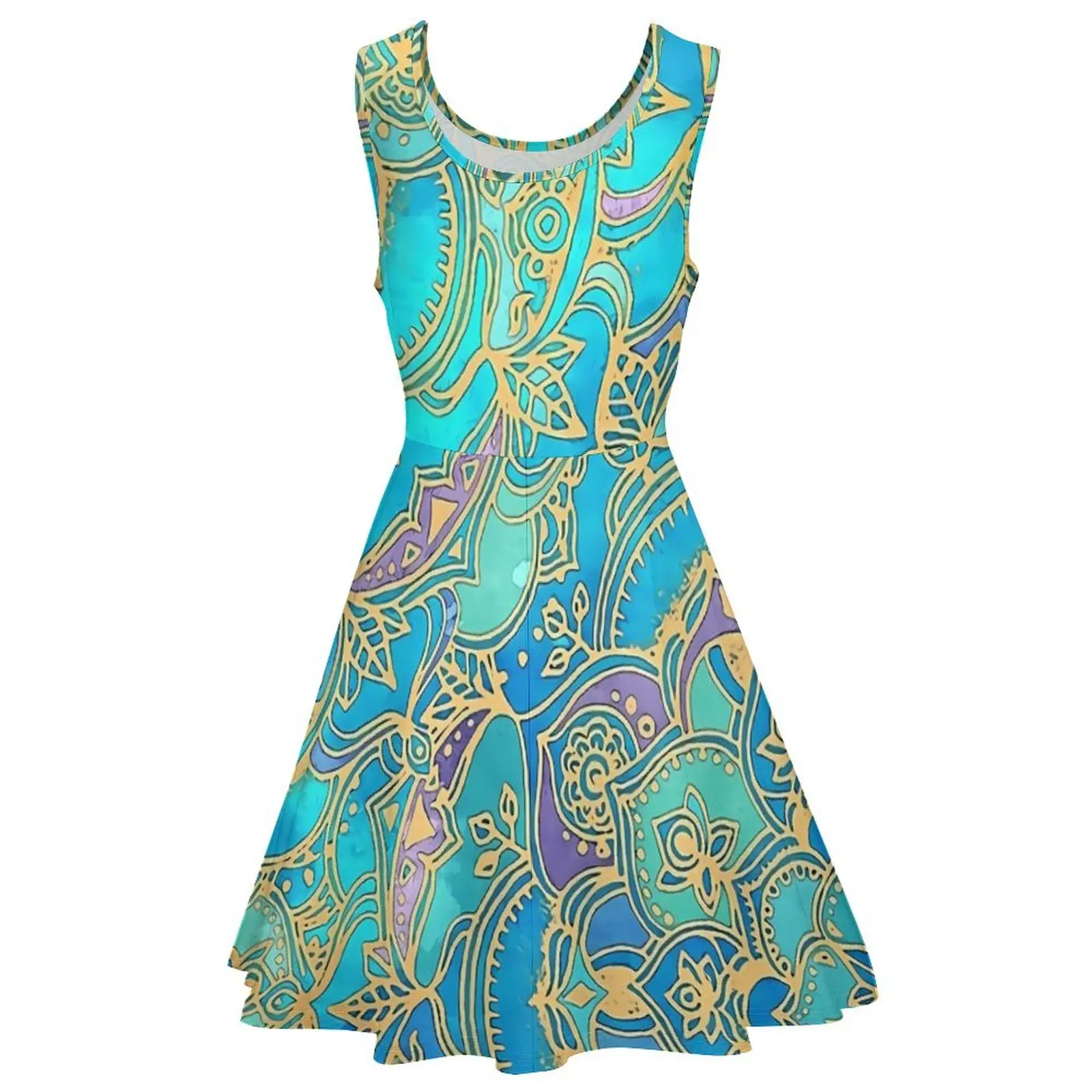 Vestido estampado boho floral feminino, mandalas azuis, vestidos da moda de rua, lindo vestido skate, vestido de verão, tamanho grande