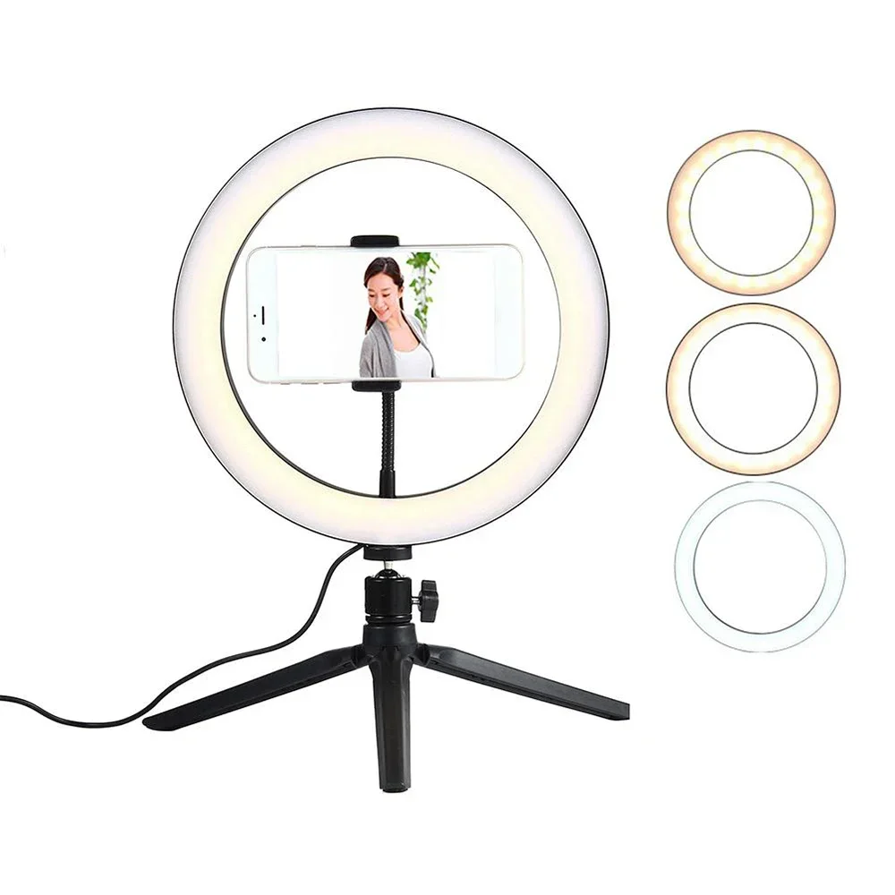 Aro de luz LED para selfies de 10 pulgadas (26 cm), mini aro de luz LED de escritorio para estudio fotográfico y video, con soporte y luz ajustable para fotografía.