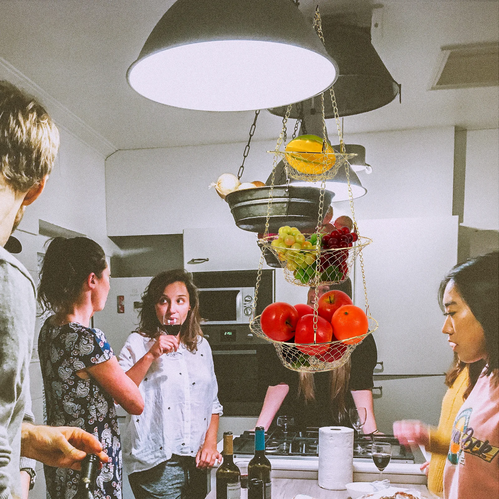 

1Set 3-Tier Fruit Display Basket Solid Wood Base Eye-Catching Hanging Storage for Fruits Vegetables Modern Decorative