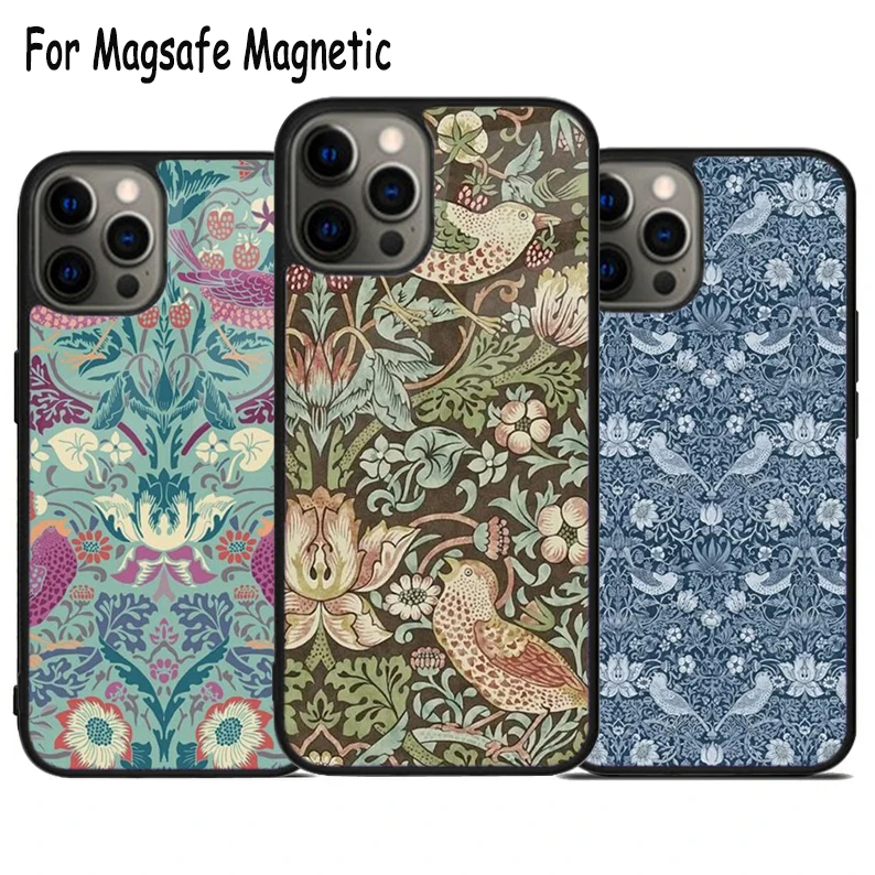 William Morris Strawberry Thief Wireless Charge Magsafe Phone Case For iPhone 15 16 14 13 11 12 Pro Max Plus Magnetic Cover