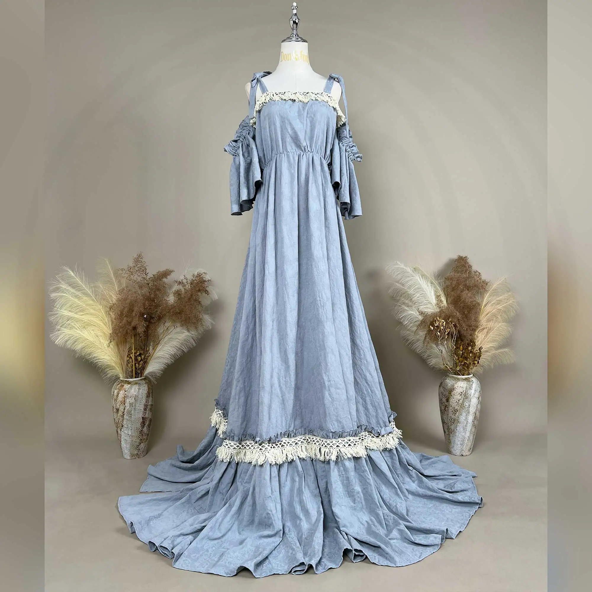Don&Judy Summer Off-Shoulder Boho Maxi Dress with Lace Trim Flowing Train Cotton Goddess Gown Pregnant Photoshoot Session