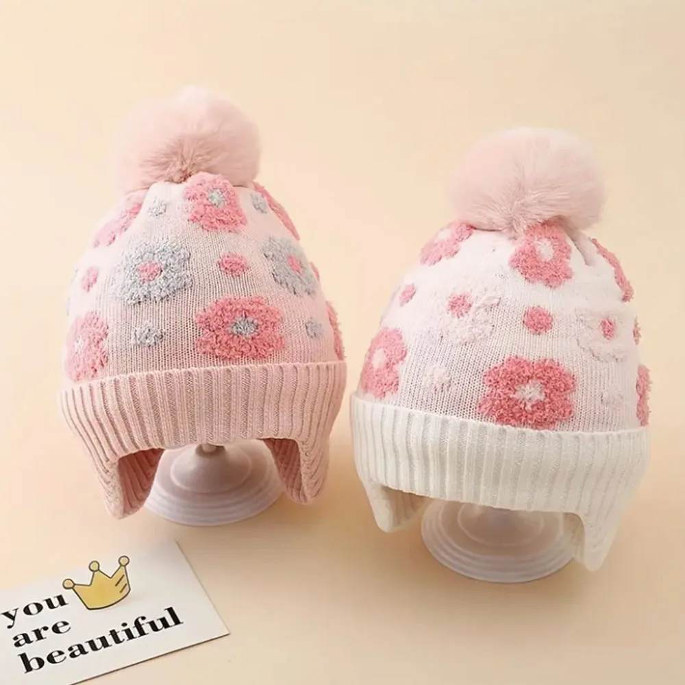 

3-8Y Girl And Boy's Floral Hat with Ball Ear Warmers - Soft Flower Beanie, Adjustable Snap Closure, Christmas Winter Hat